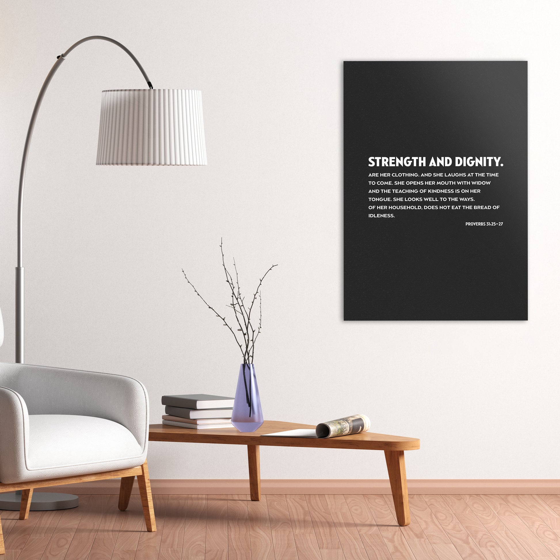 Christian wall canvas with Proverbs 31: 25-27 Verse