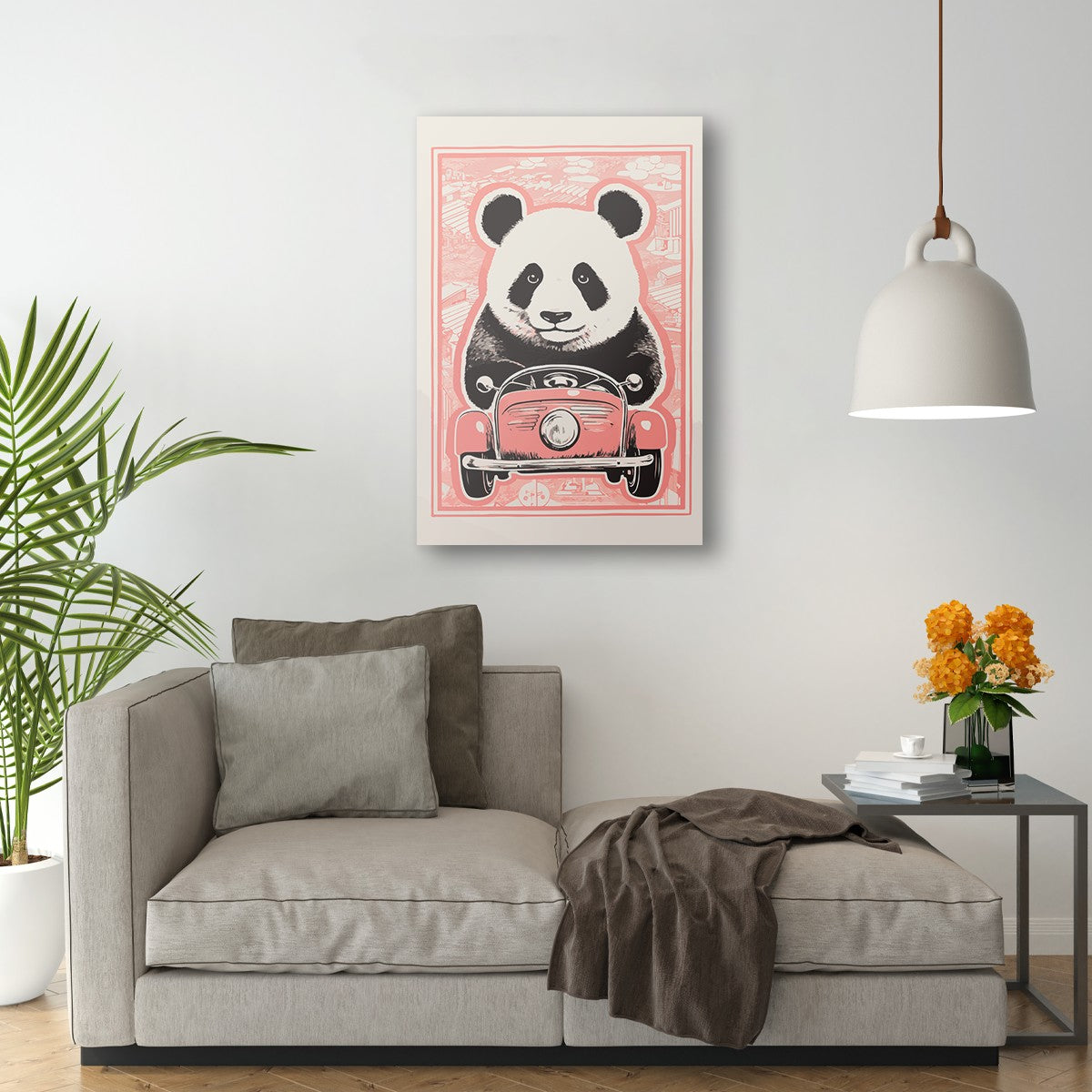 Panda's Joyride on pastel orange Car Wall Art