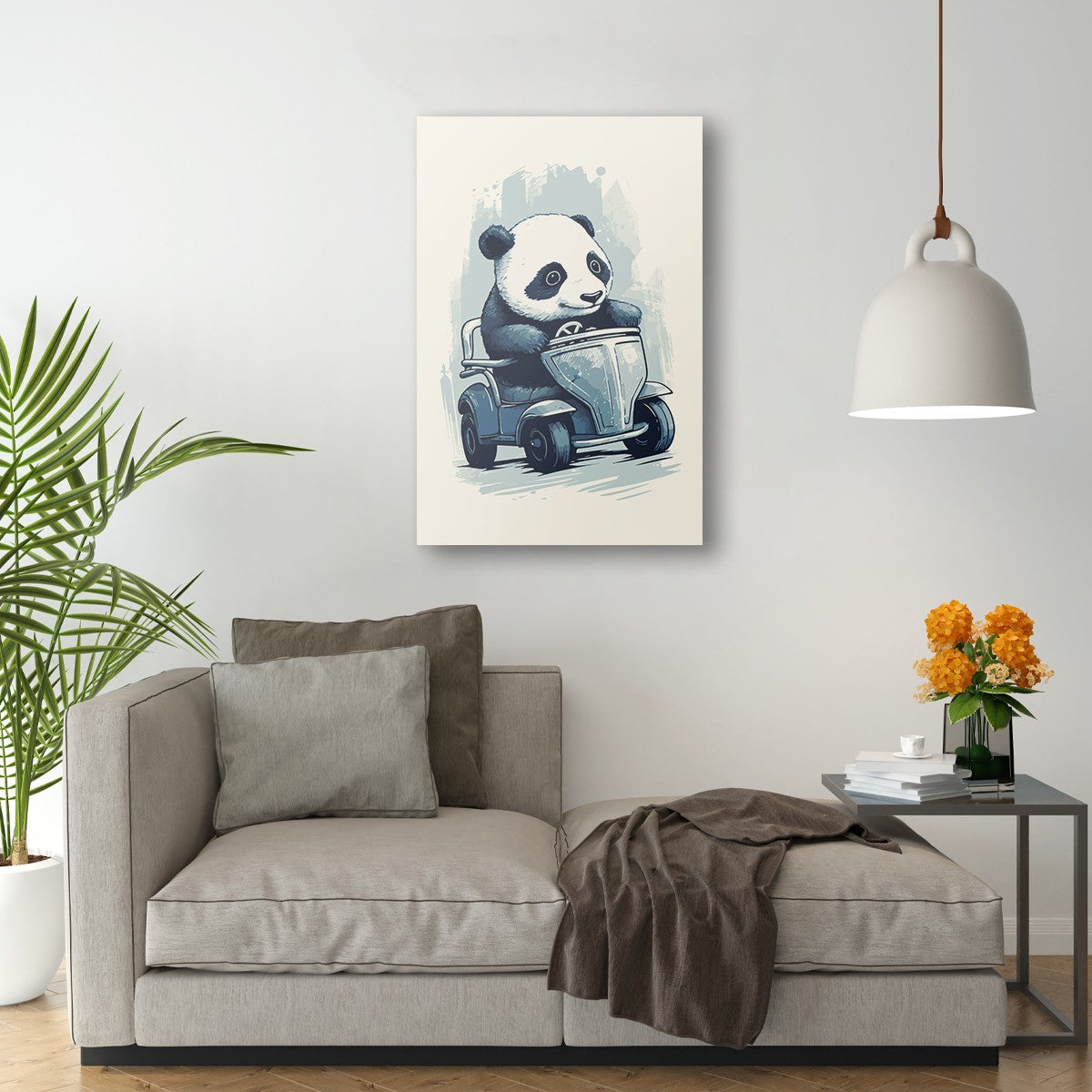 Panda's Joyride on blue toy car Wall Art