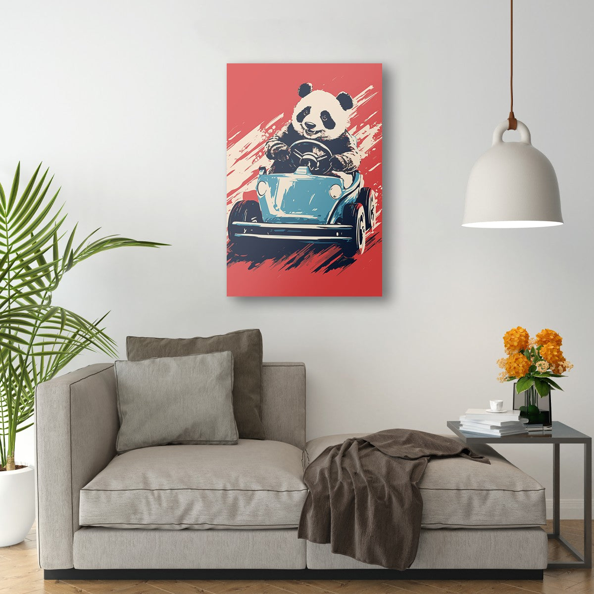 Panda's Joyride on blue Car Wall Art