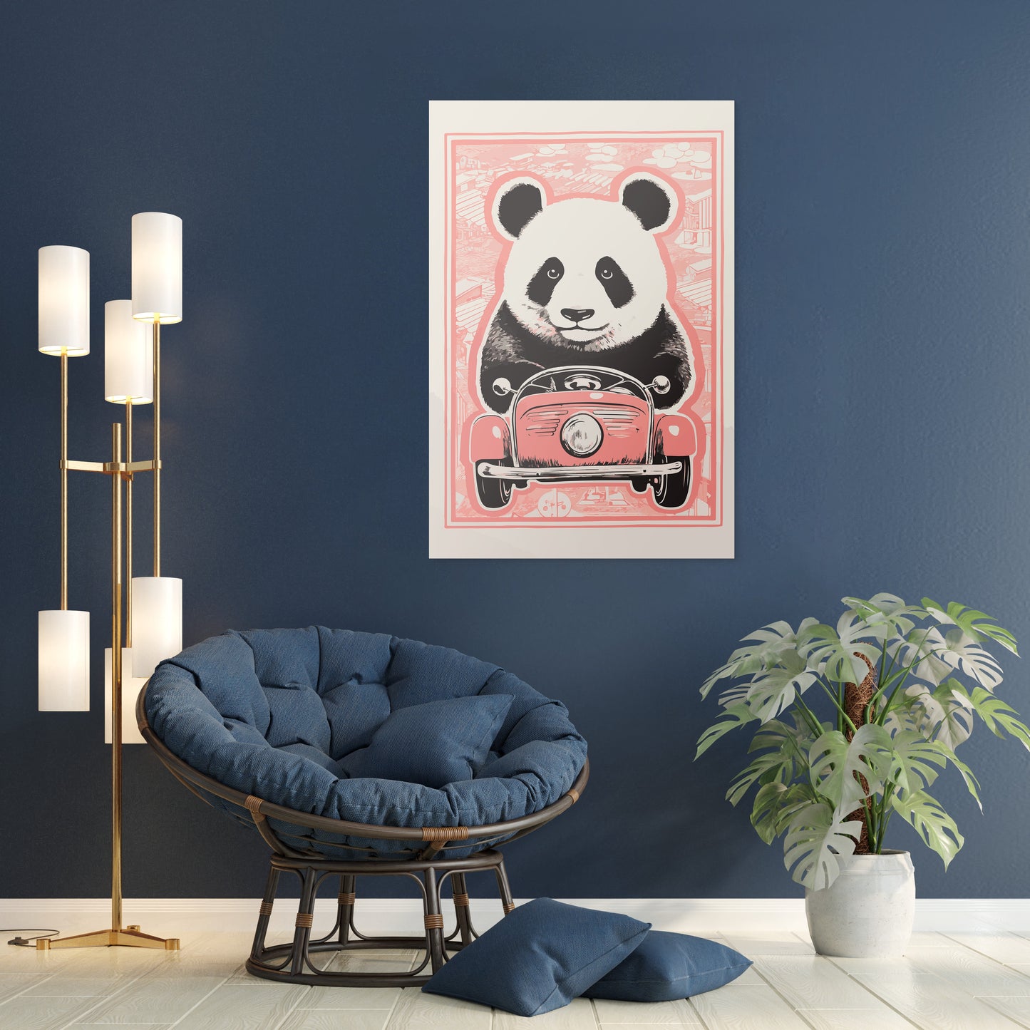 Panda's Joyride on pastel orange Car Wall Art