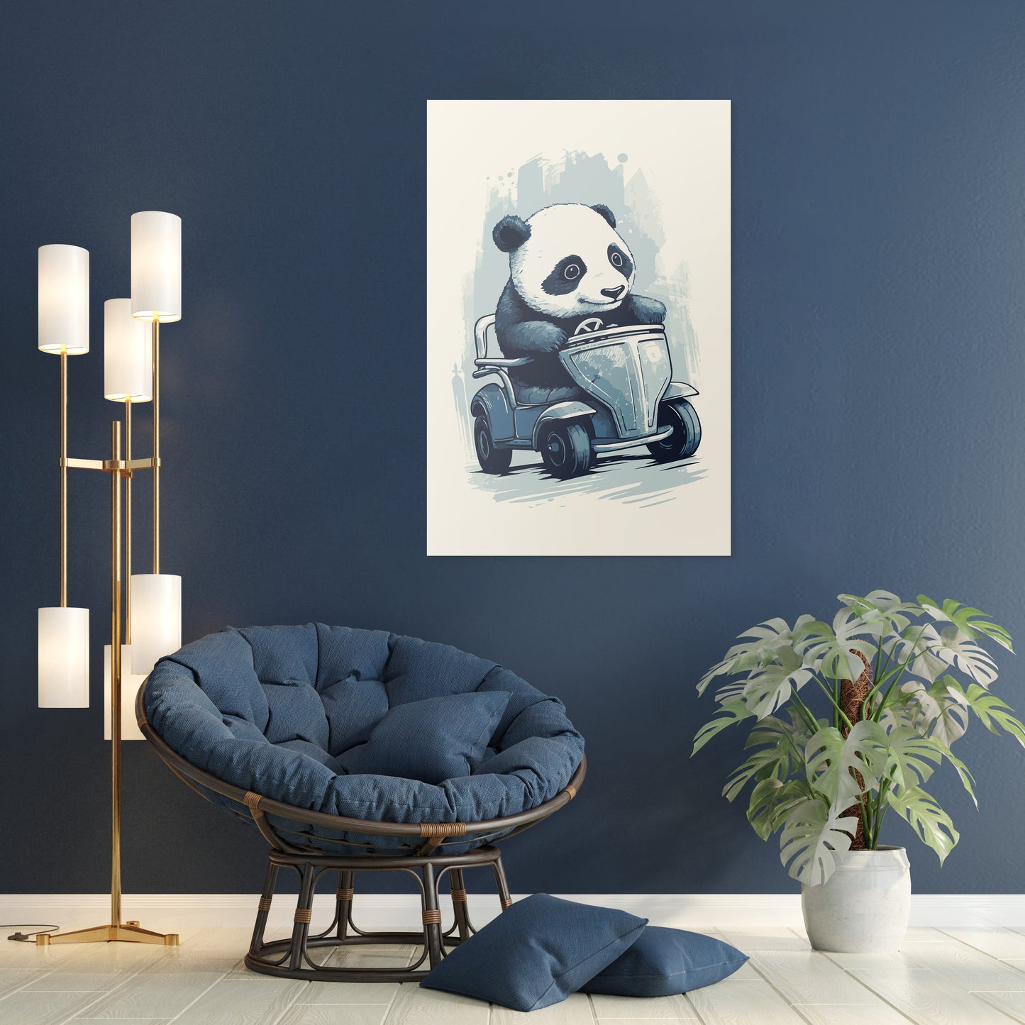 Panda's Joyride on blue toy car Wall Art