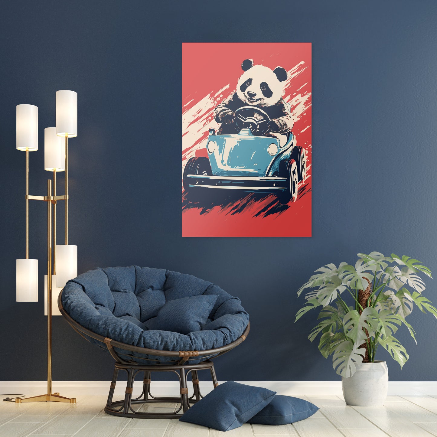 Panda's Joyride on blue Car Wall Art