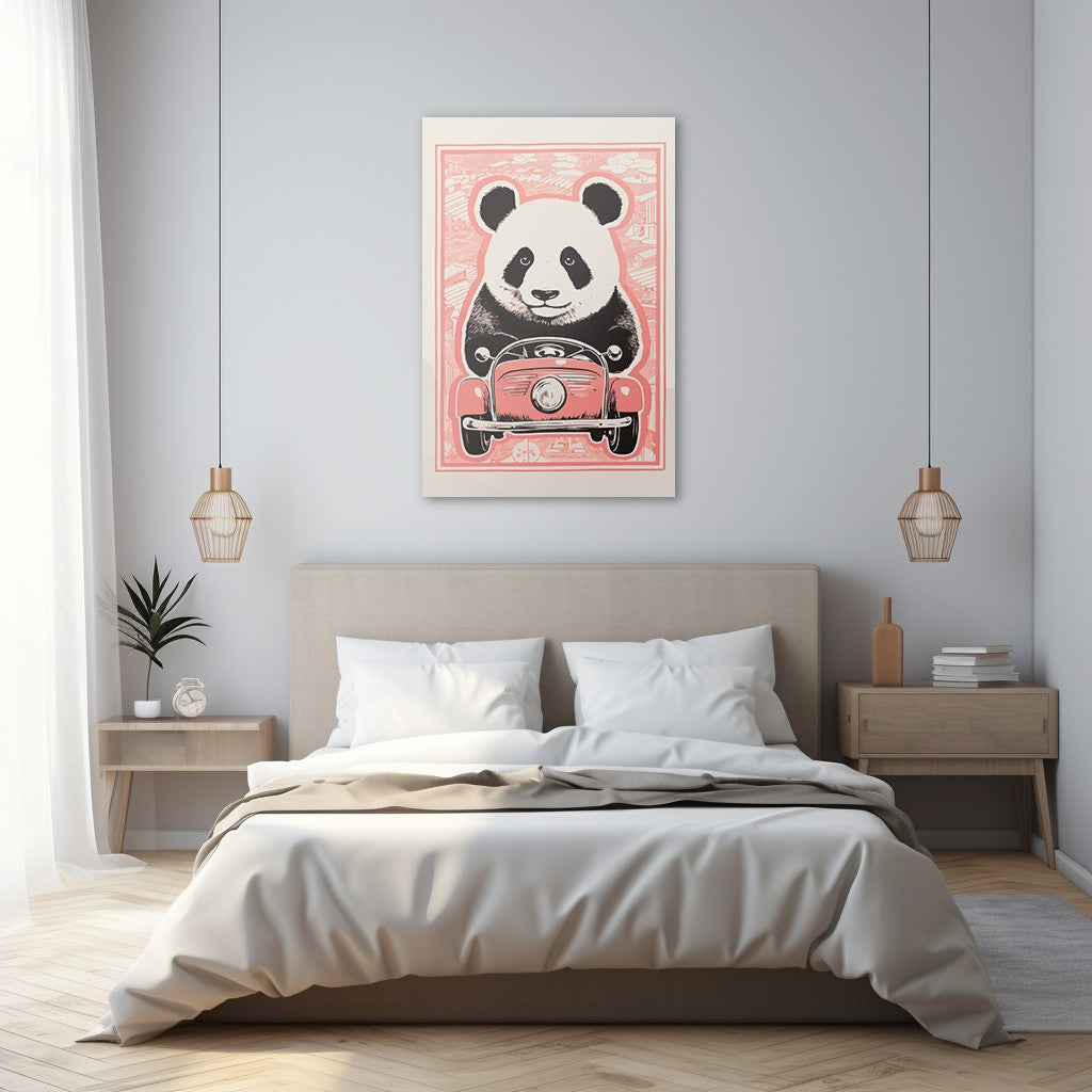Panda's Joyride on pastel orange Car Wall Art