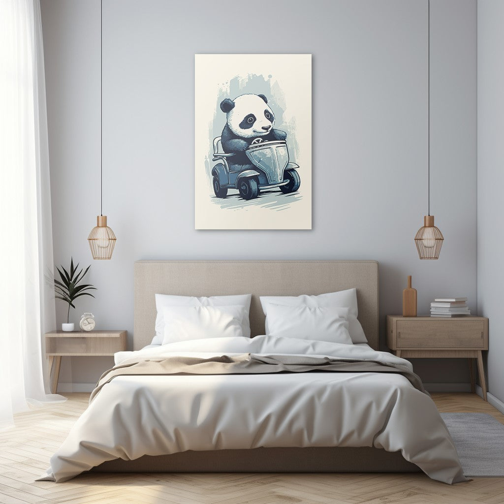 Panda's Joyride on blue toy car Wall Art