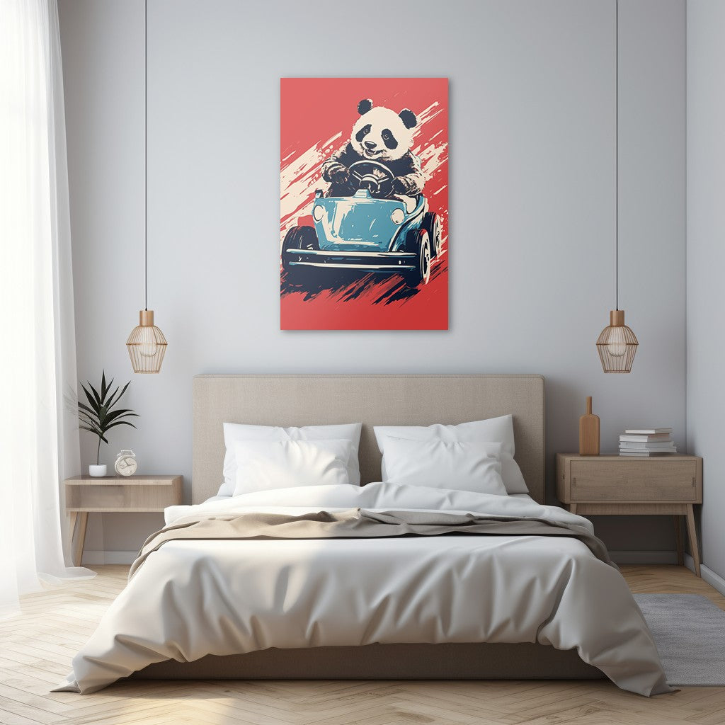 Panda's Joyride on blue Car Wall Art