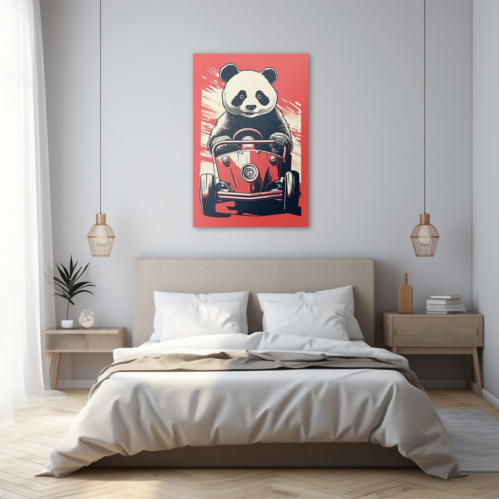 Panda's Joyride On Red Car Wall Art