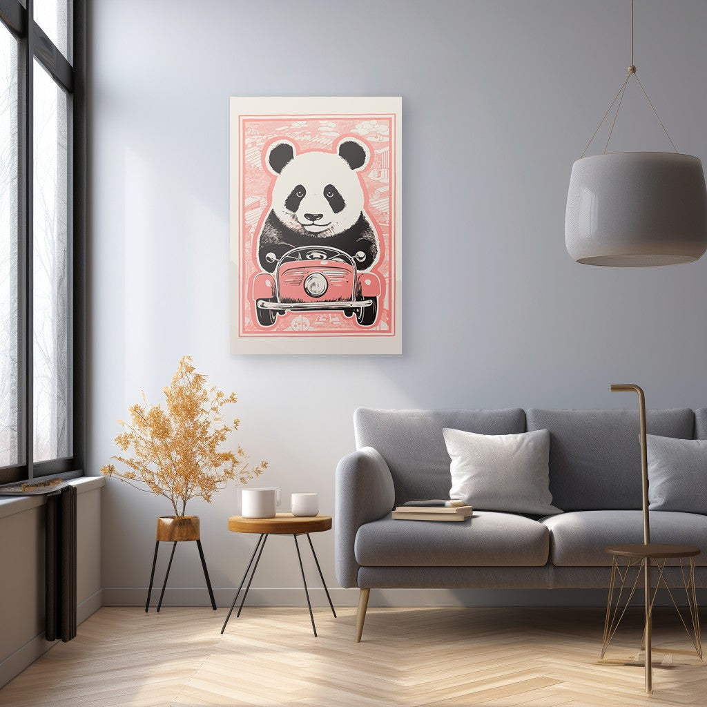 Panda's Joyride on pastel orange Car Wall Art