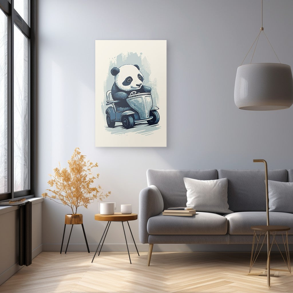 Panda's Joyride on blue toy car Wall Art