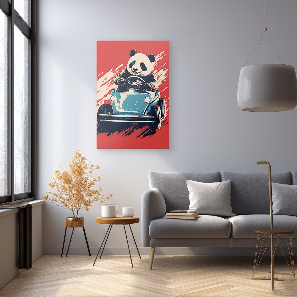 Panda's Joyride on blue Car Wall Art
