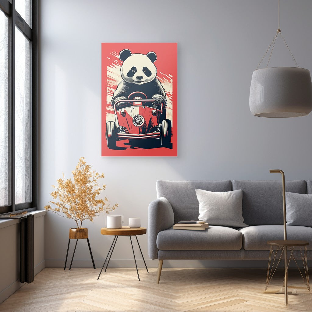 Panda's Joyride On Red Car Wall Art