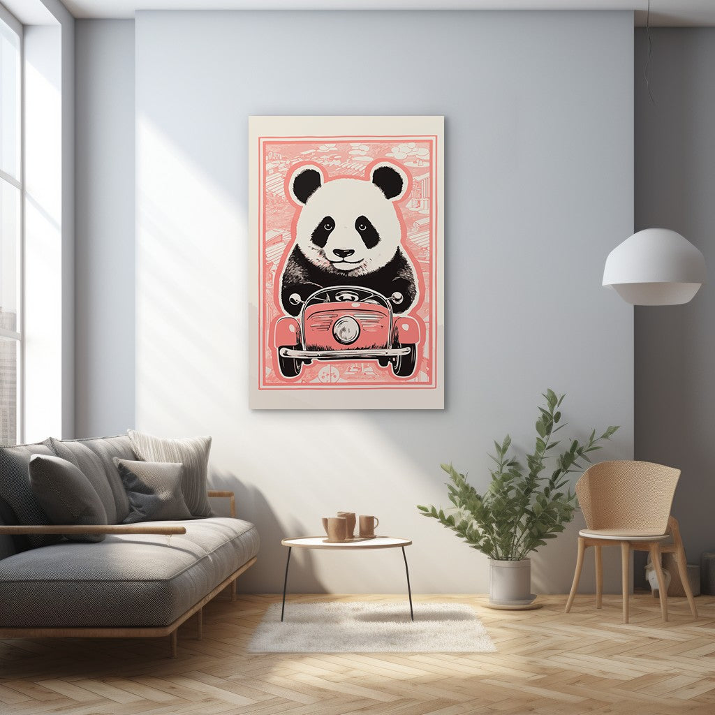 Panda's Joyride on pastel orange Car Wall Art