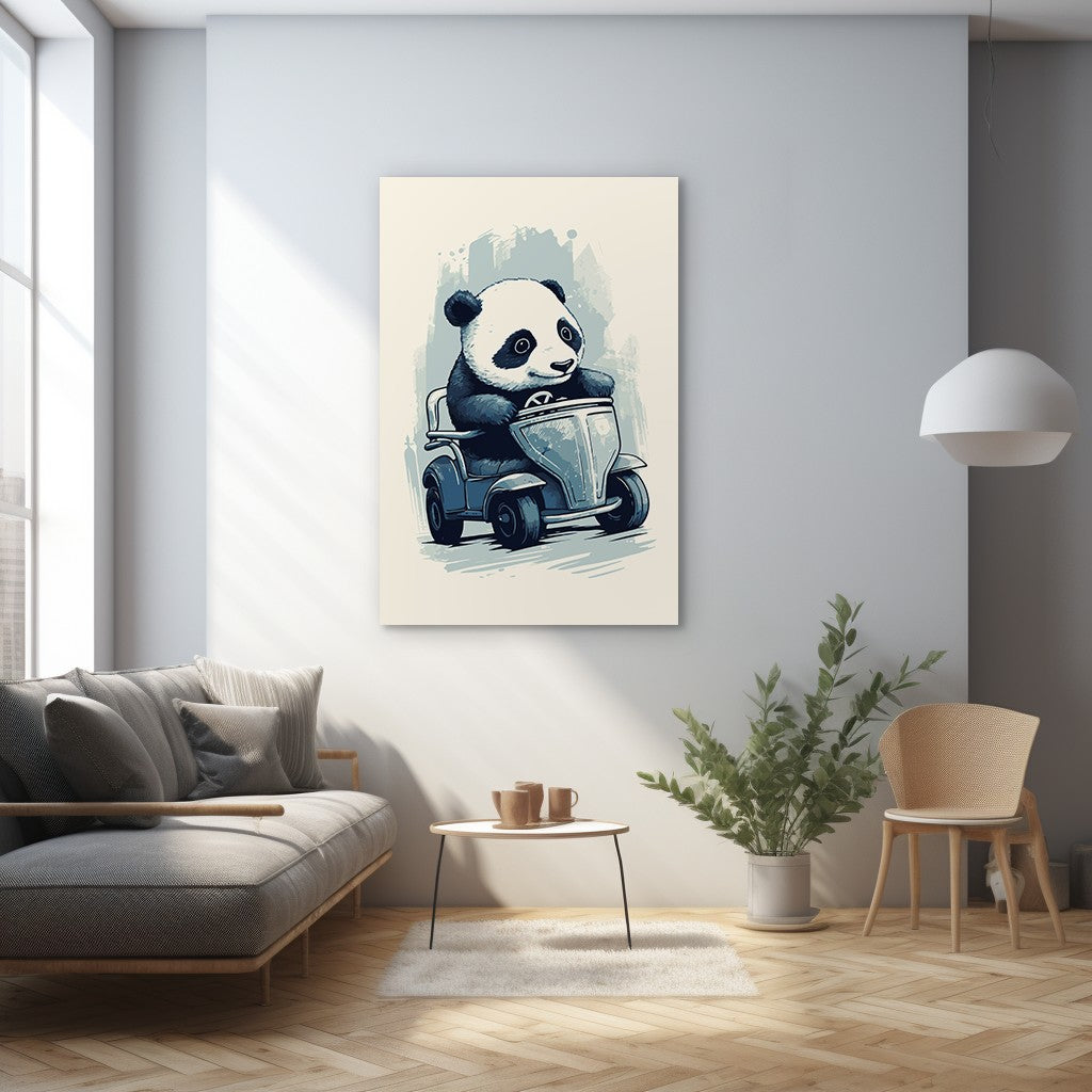 Panda's Joyride on blue toy car Wall Art