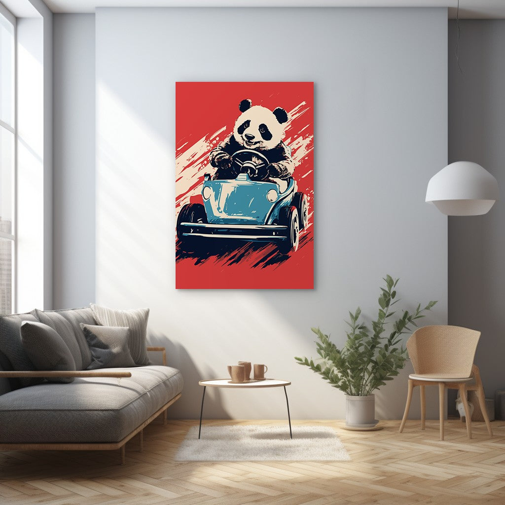 Panda's Joyride on blue Car Wall Art