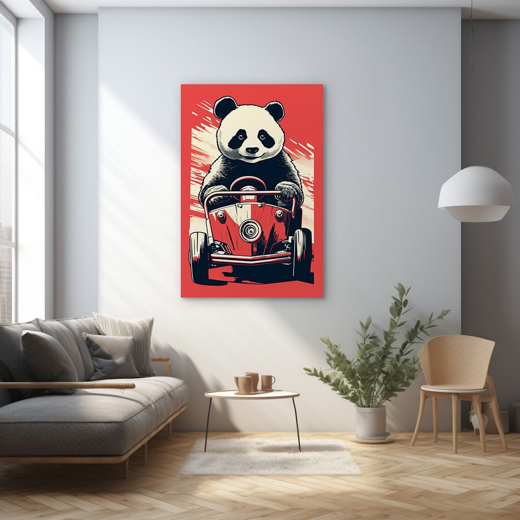 Panda's Joyride On Red Car Wall Art
