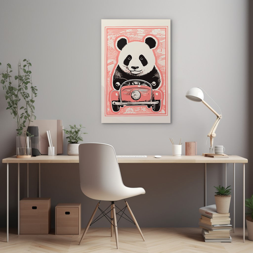 Panda's Joyride on pastel orange Car Wall Art