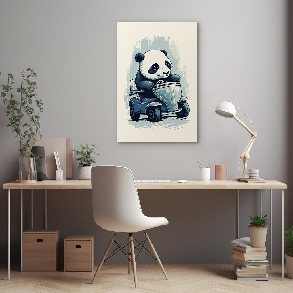 Panda's Joyride on blue toy car Wall Art