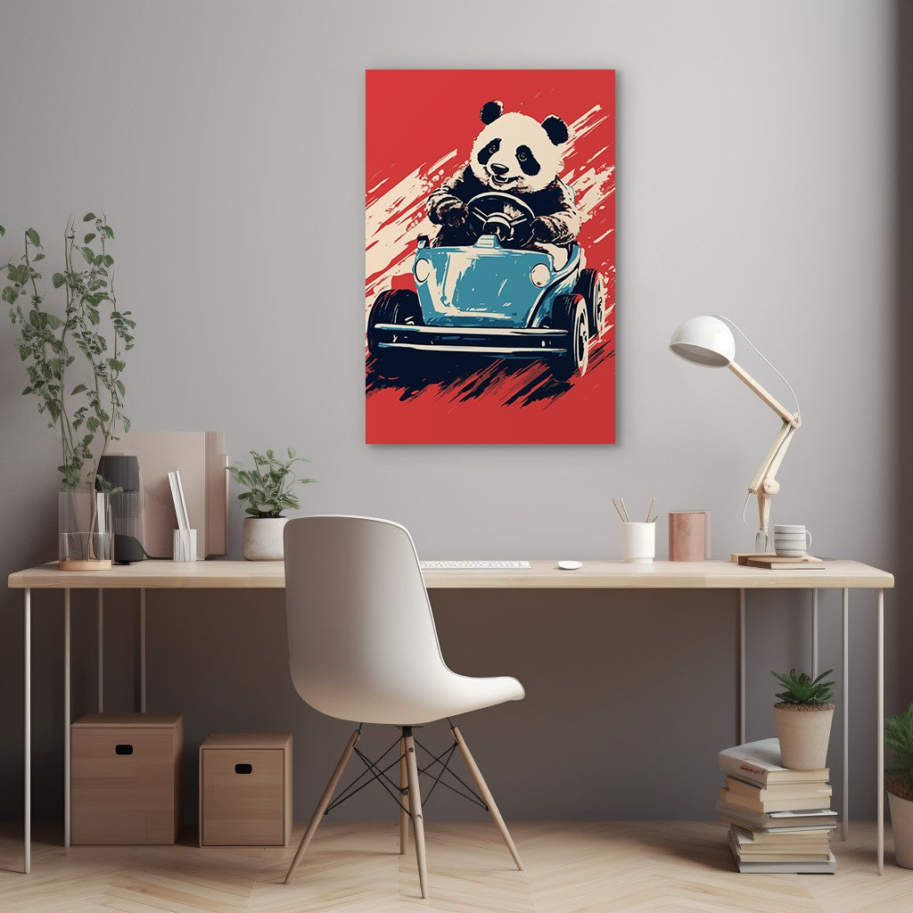 Panda's Joyride on blue Car Wall Art
