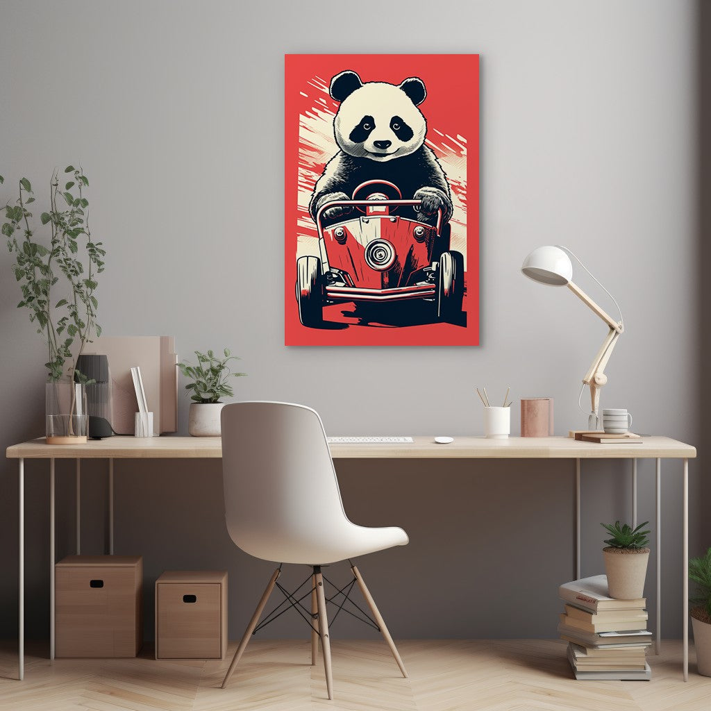 Panda's Joyride On Red Car Wall Art