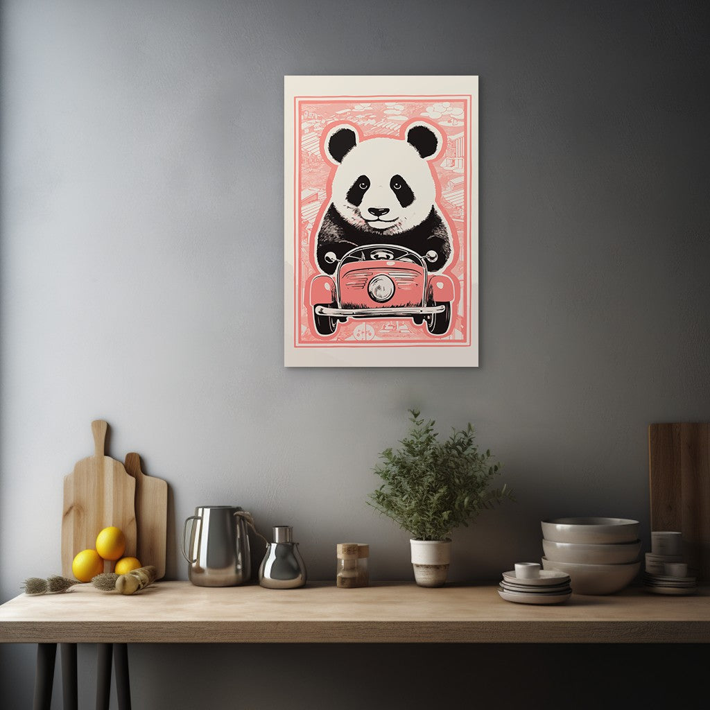 Panda's Joyride on pastel orange Car Wall Art