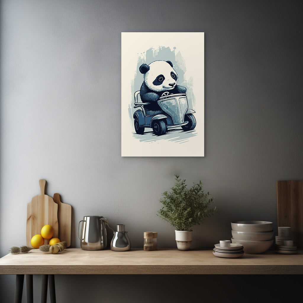 Panda's Joyride on blue toy car Wall Art
