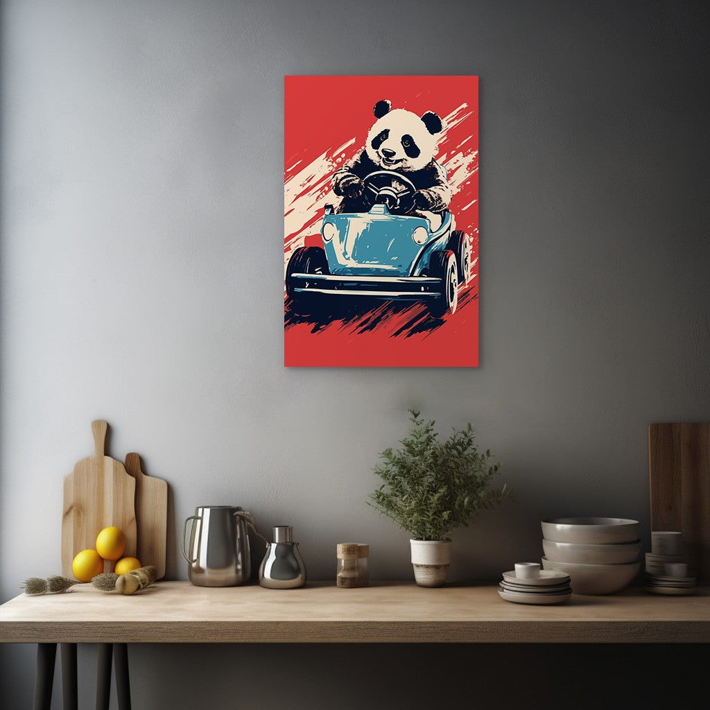 Panda's Joyride on blue Car Wall Art