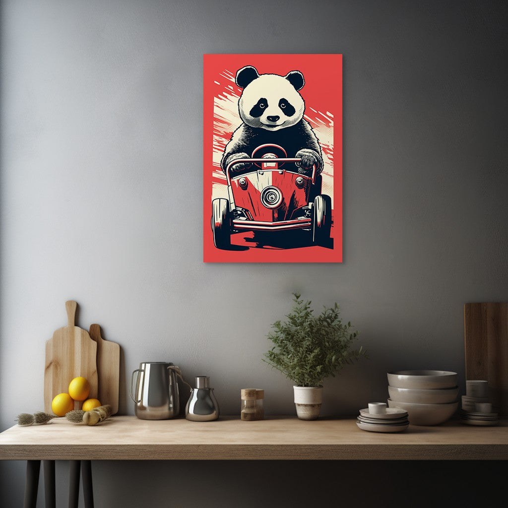 Panda's Joyride On Red Car Wall Art