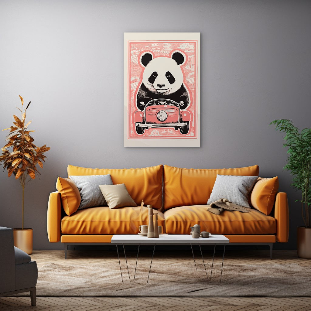 Panda's Joyride on pastel orange Car Wall Art