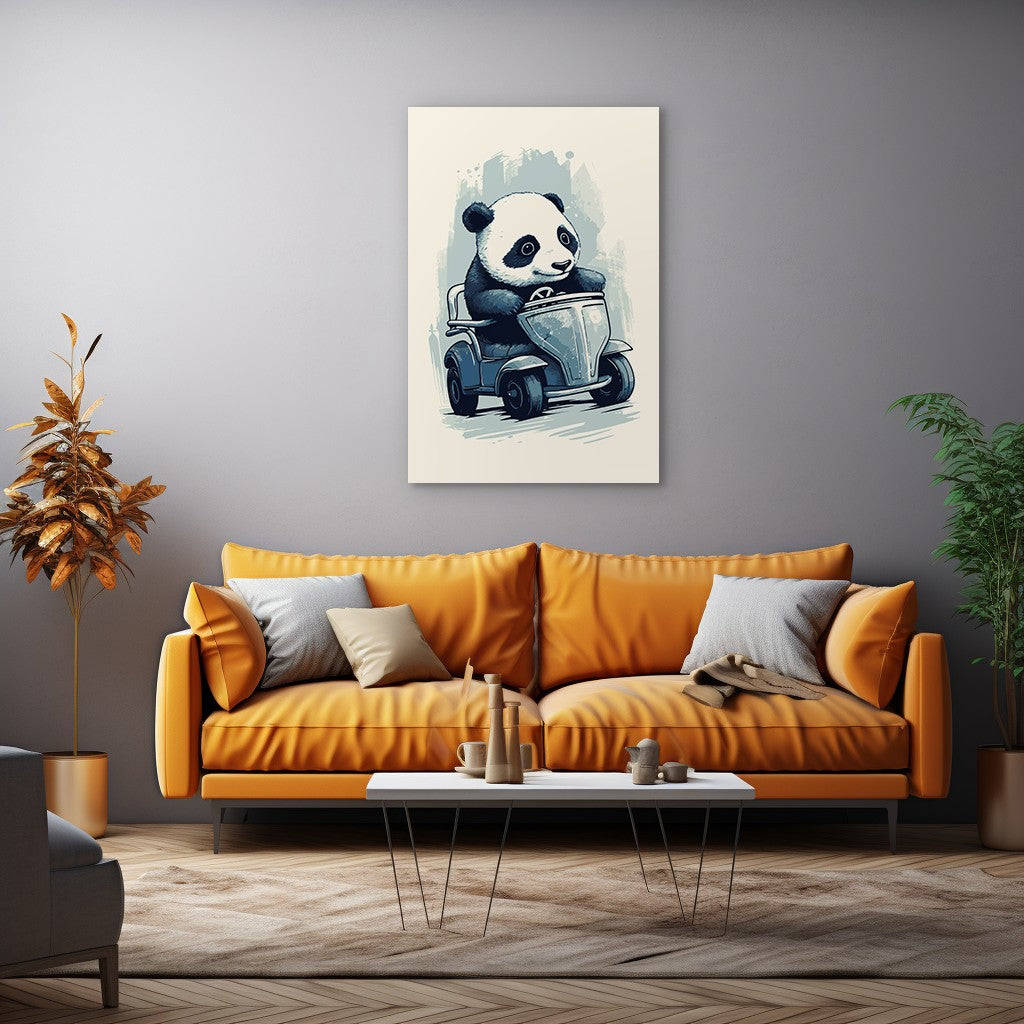 Panda's Joyride on blue toy car Wall Art