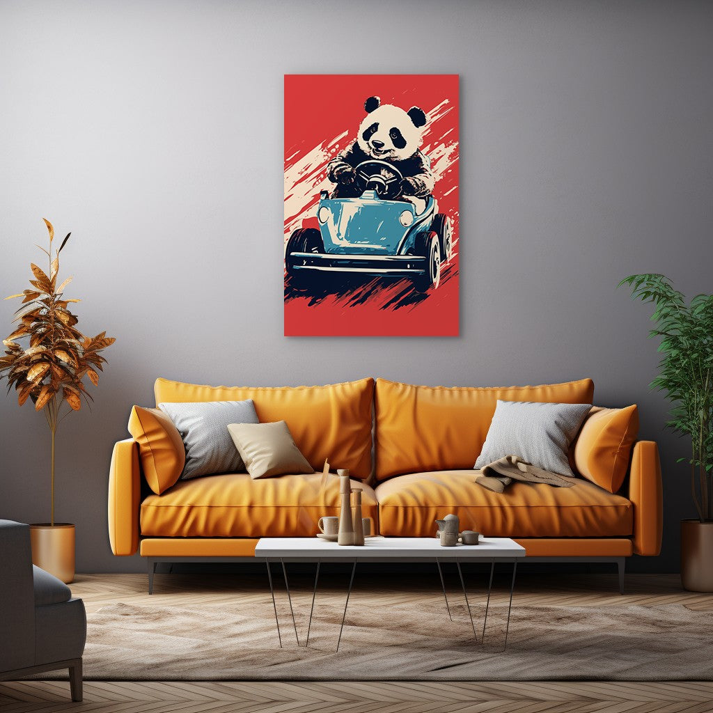 Panda's Joyride on blue Car Wall Art