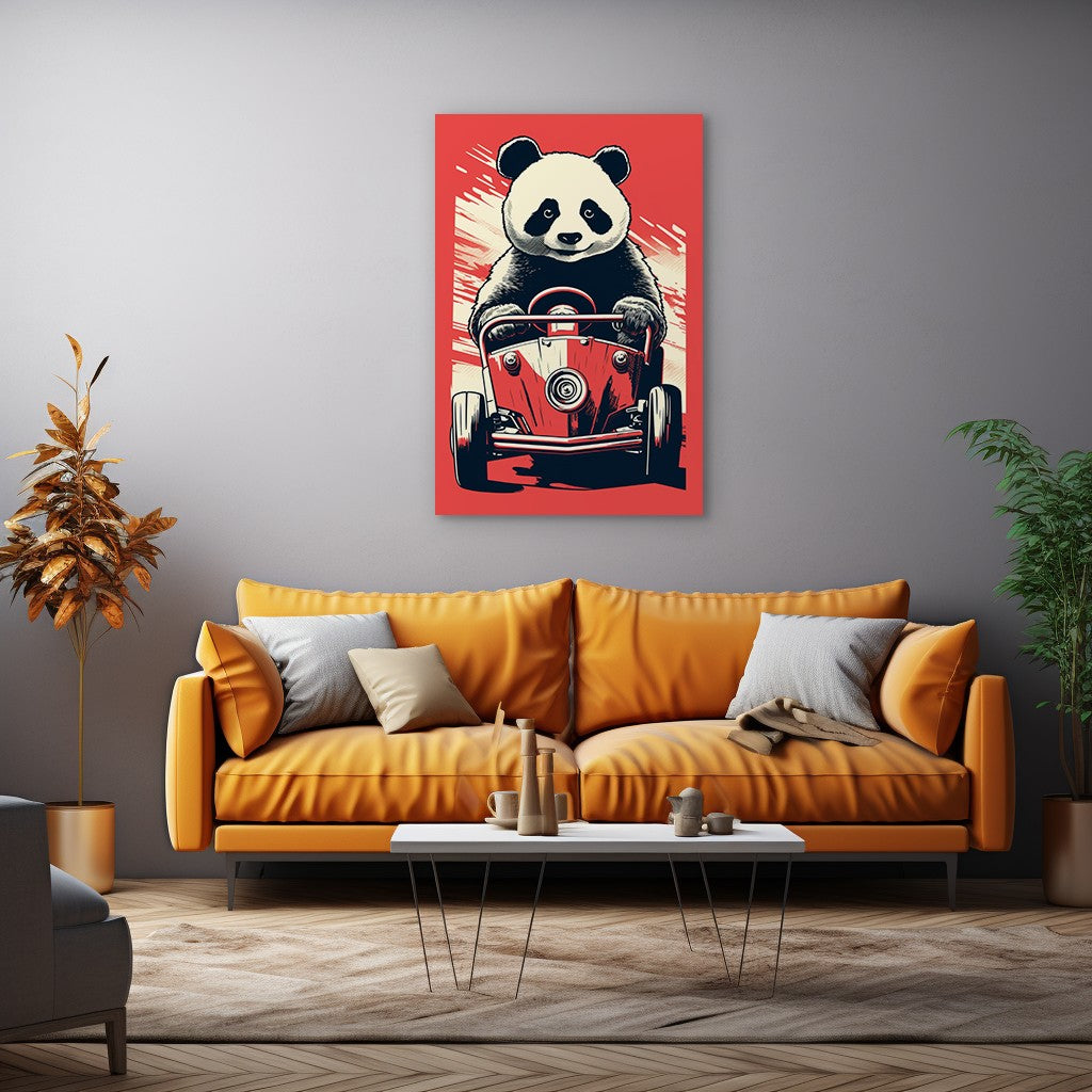 Panda's Joyride On Red Car Wall Art