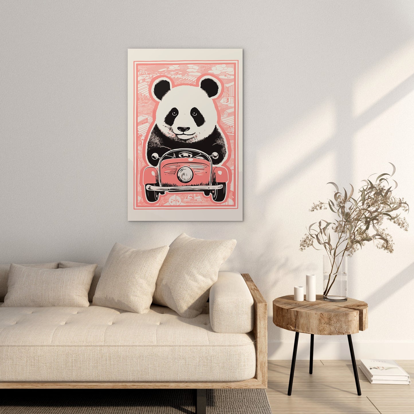 Panda's Joyride on pastel orange Car Wall Art