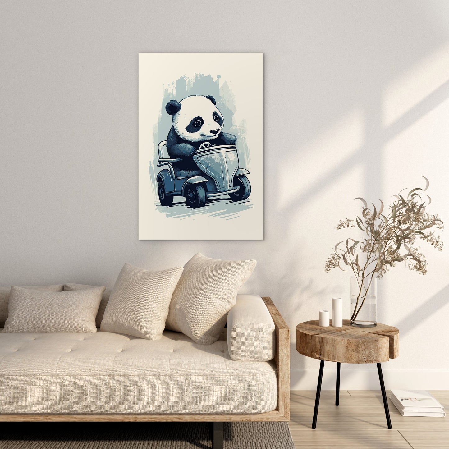 Panda's Joyride on blue toy car Wall Art