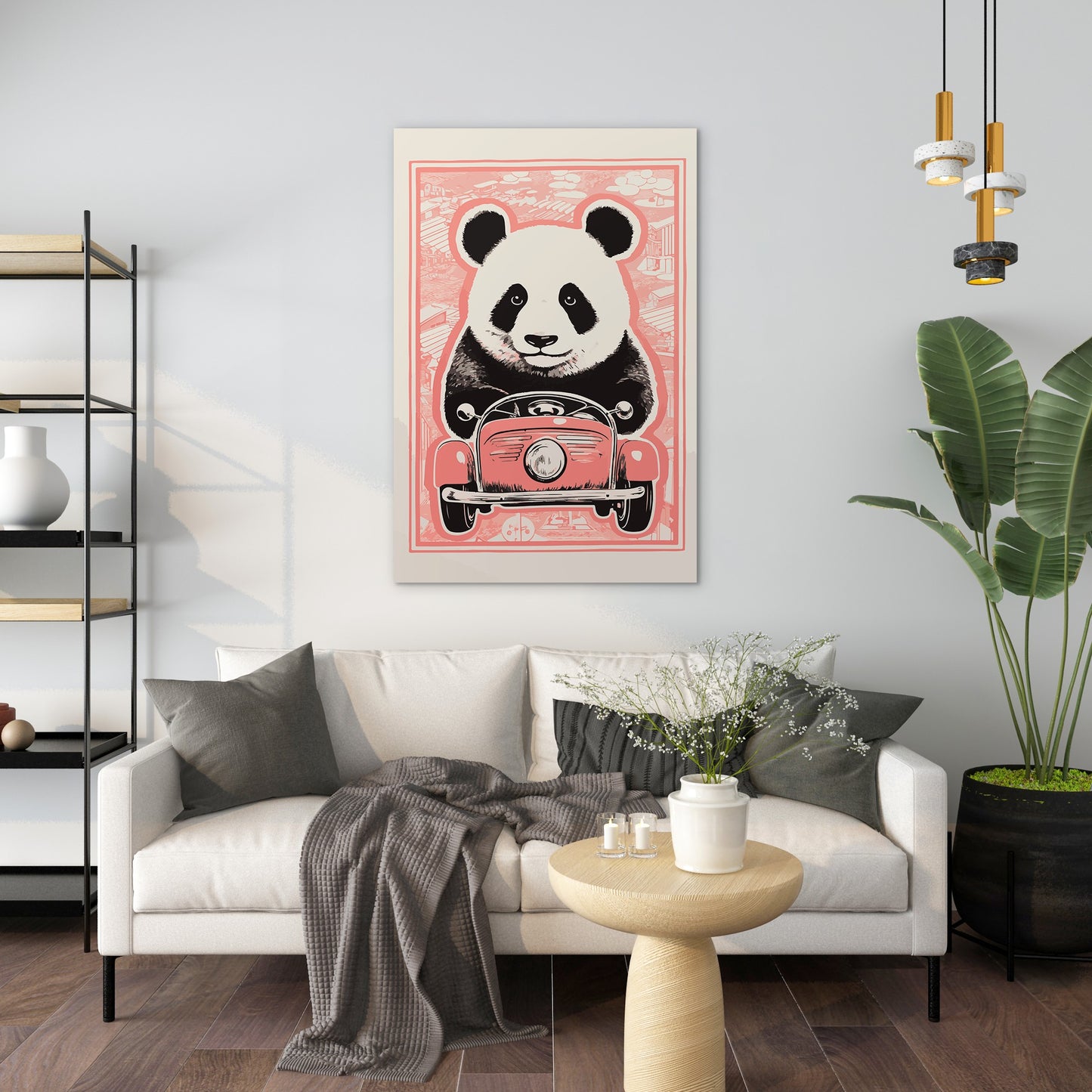 Panda's Joyride on pastel orange Car Wall Art
