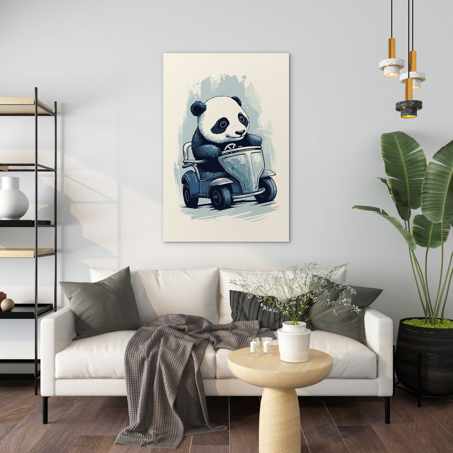 Panda's Joyride on blue toy car Wall Art