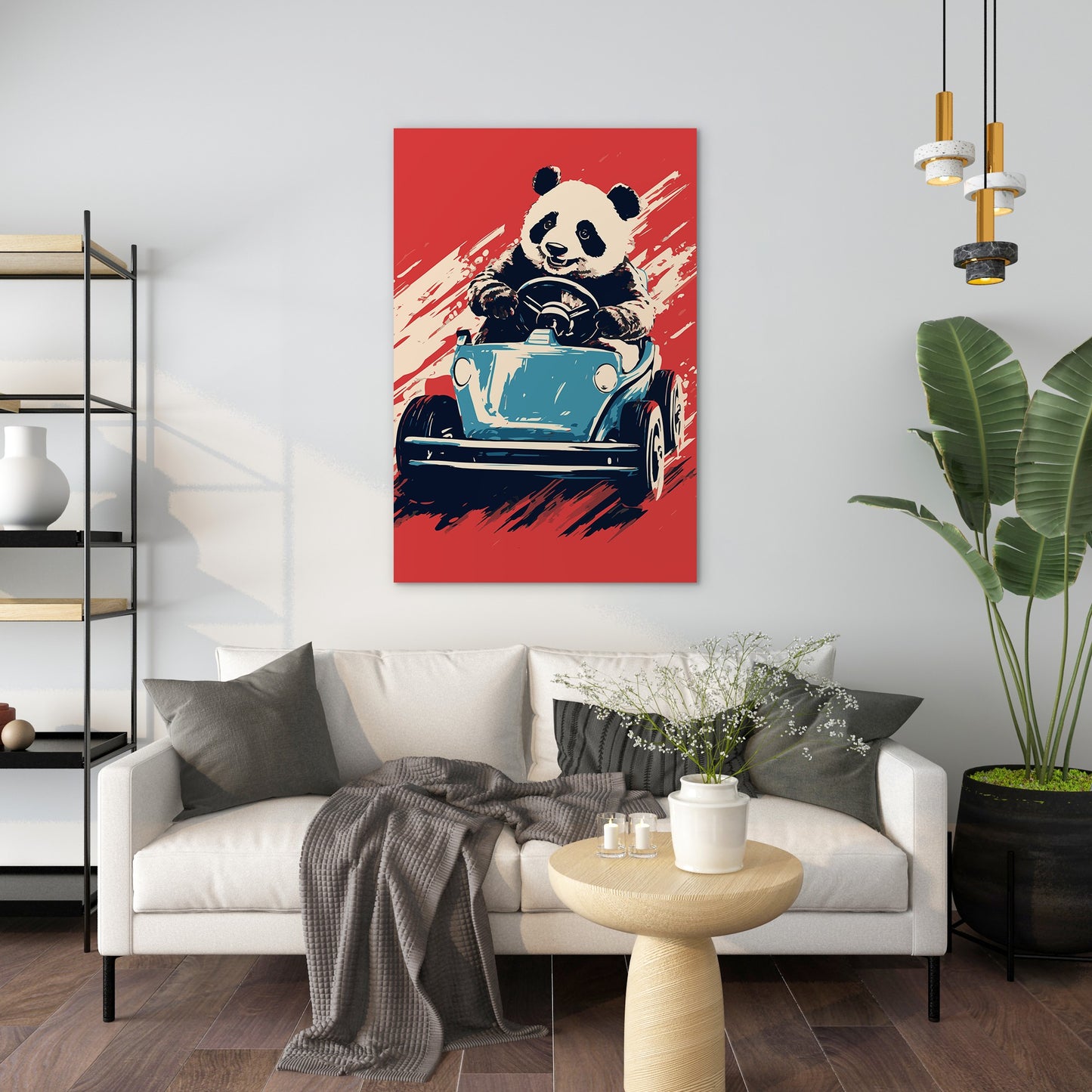 Panda's Joyride on blue Car Wall Art