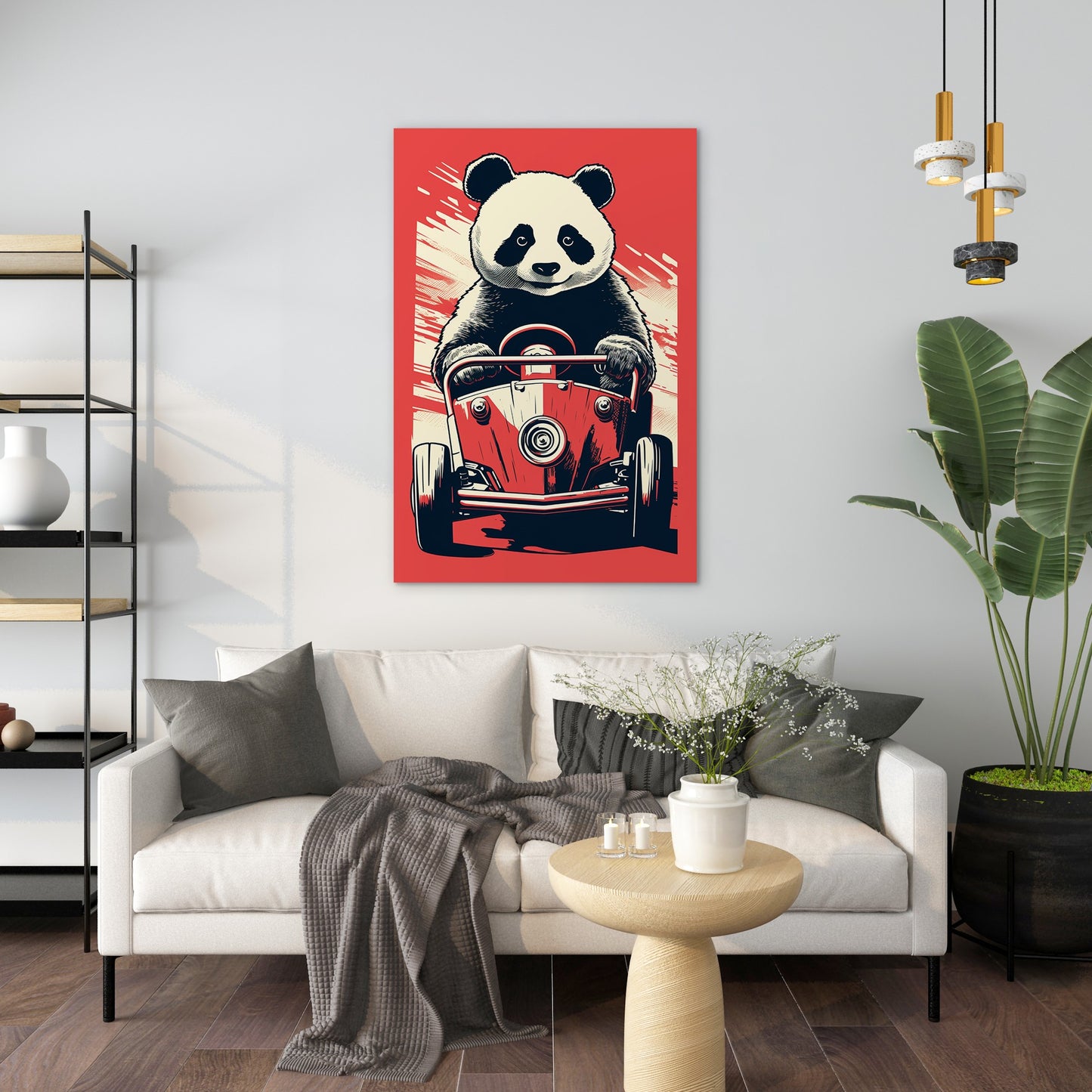 Panda's Joyride On Red Car Wall Art
