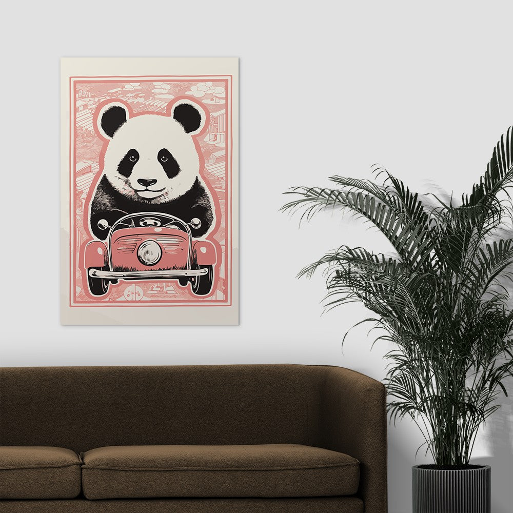 Panda's Joyride on pastel orange Car Wall Art