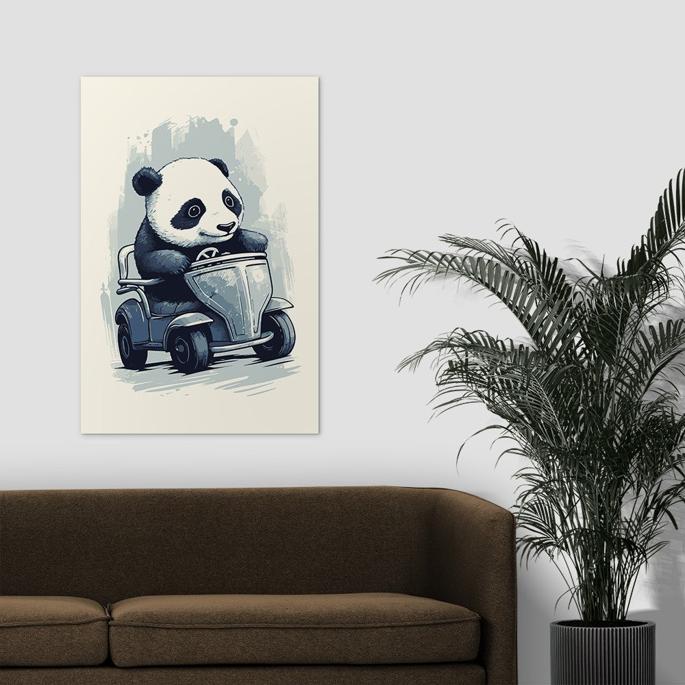 Panda's Joyride on blue toy car Wall Art