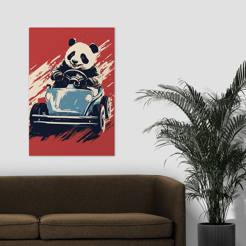 Panda's Joyride on blue Car Wall Art