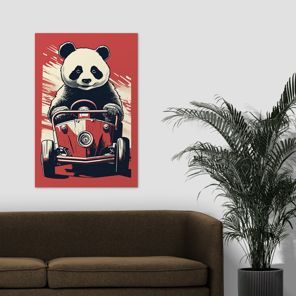 Panda's Joyride On Red Car Wall Art