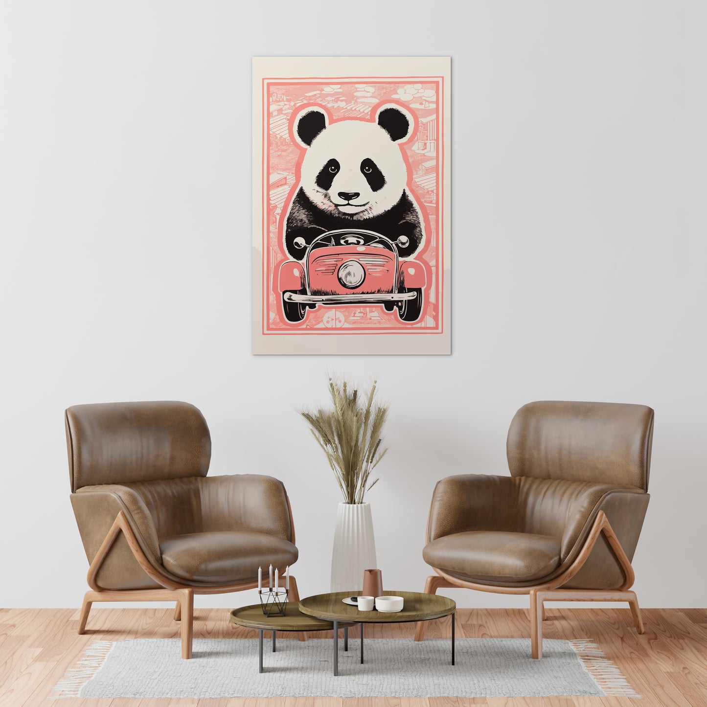 Panda's Joyride on pastel orange Car Wall Art