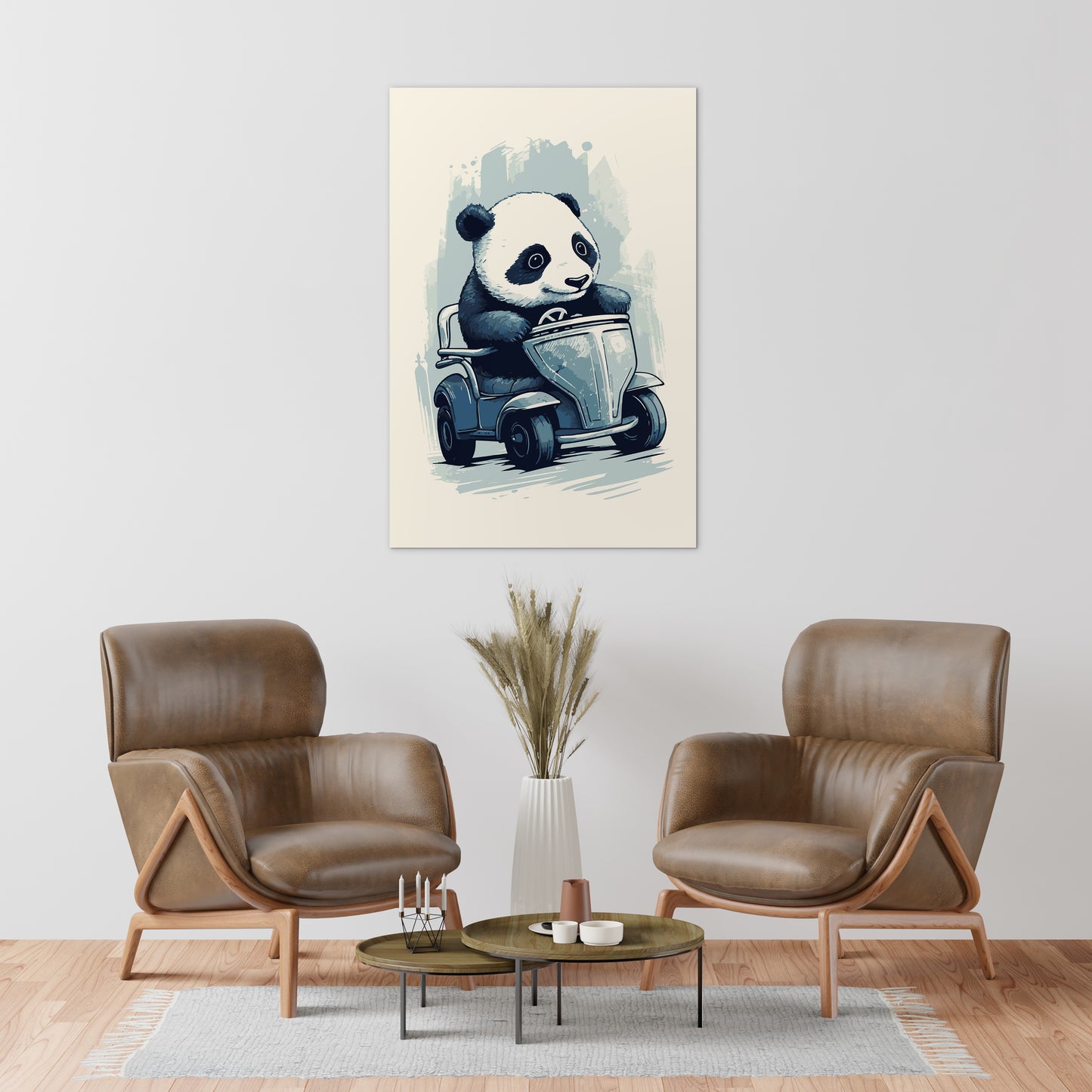 Panda's Joyride on blue toy car Wall Art