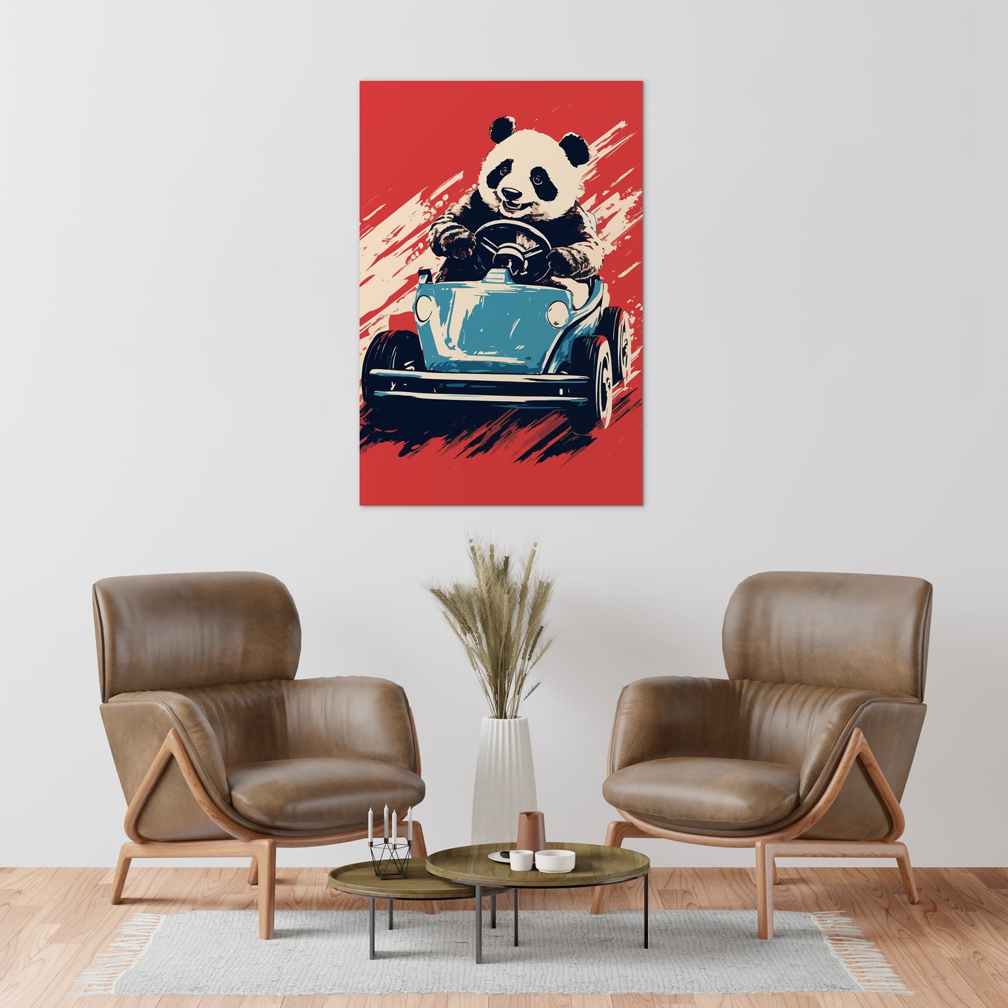 Panda's Joyride on blue Car Wall Art