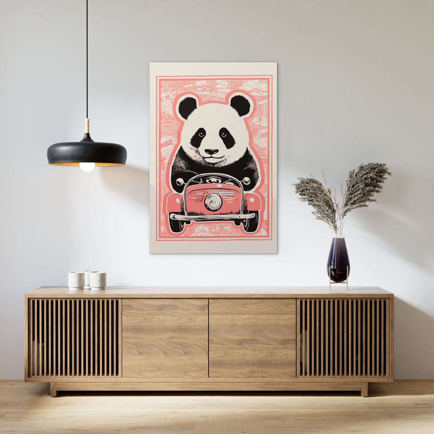 Panda's Joyride on pastel orange Car Wall Art