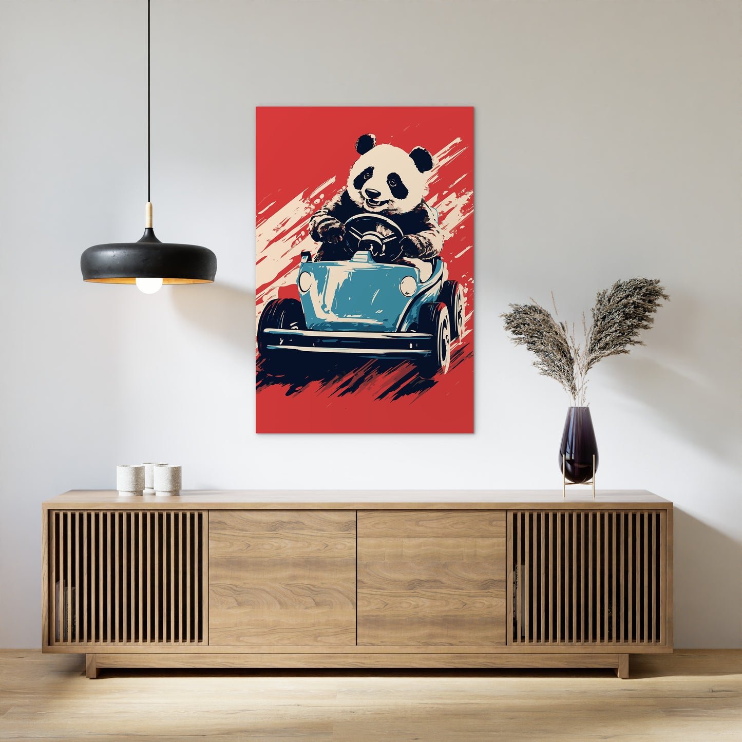Panda's Joyride on blue Car Wall Art