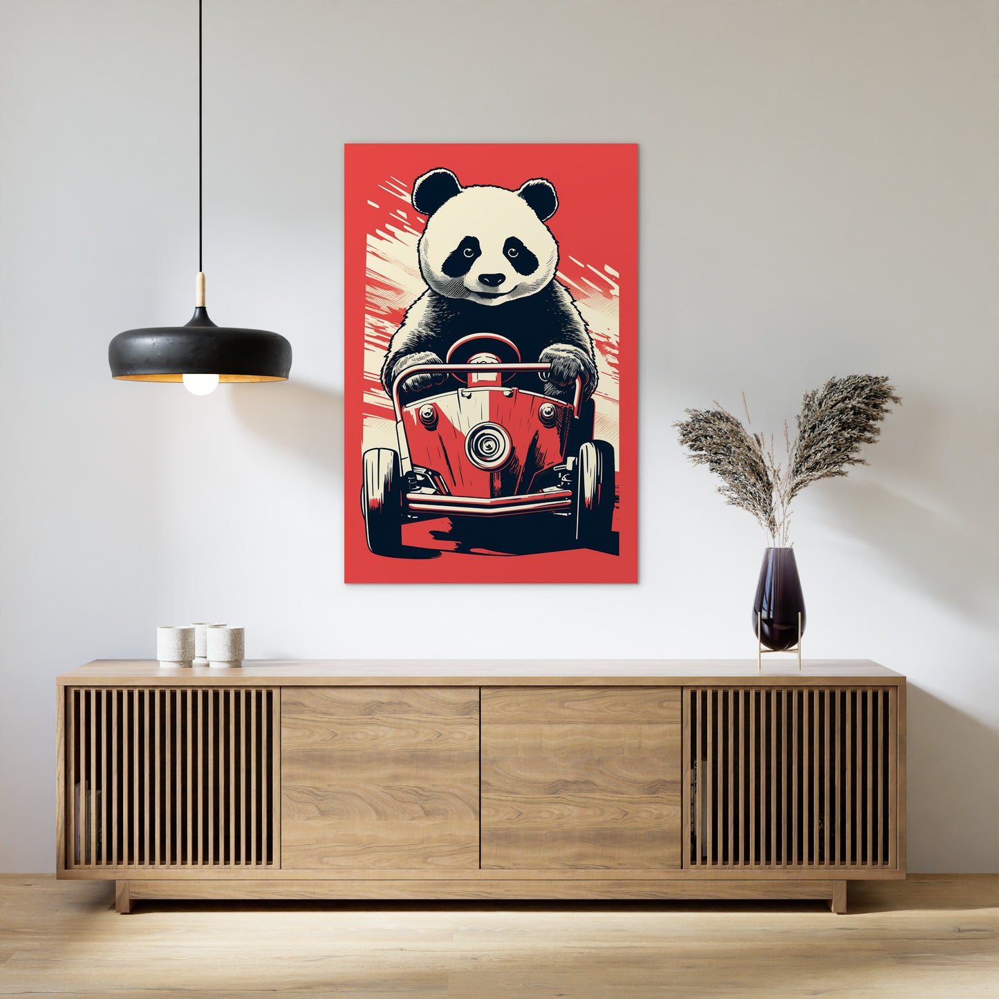 Panda's Joyride On Red Car Wall Art