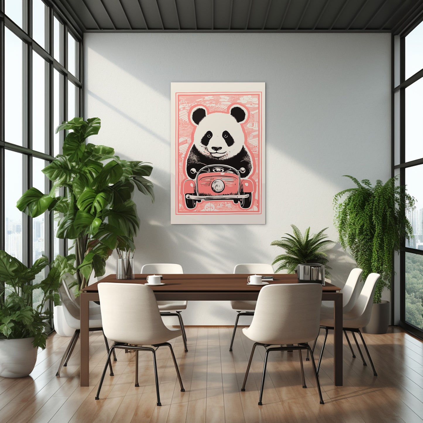 Panda's Joyride on pastel orange Car Wall Art