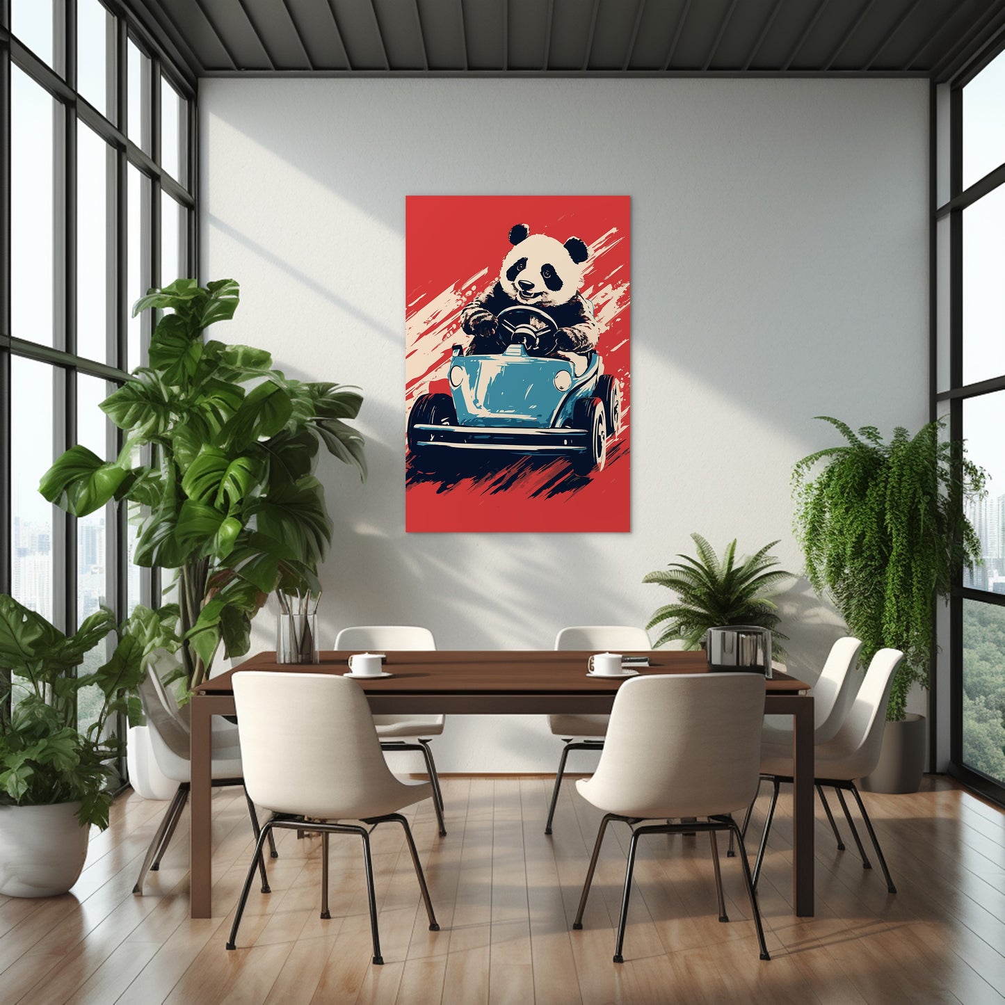 Panda's Joyride on blue Car Wall Art