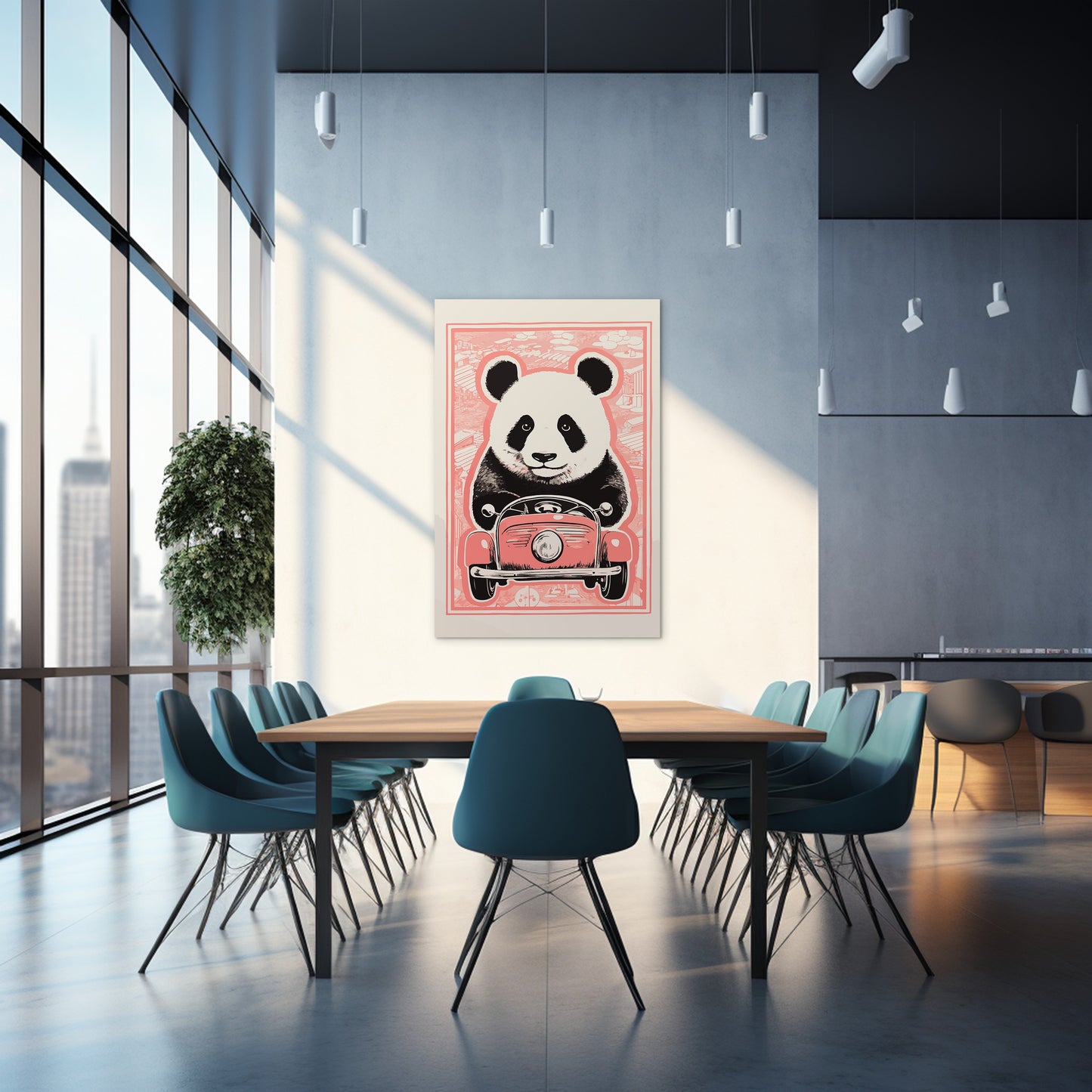 Panda's Joyride on pastel orange Car Wall Art